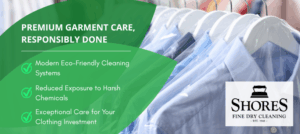 Shores Fine Dry Cleaning eco-friendly garment care graphic featuring freshly cleaned dress shirts and information about sustainable dry cleaning practices, modern cleaning systems, reduced harsh chemicals, and premium fabric care.